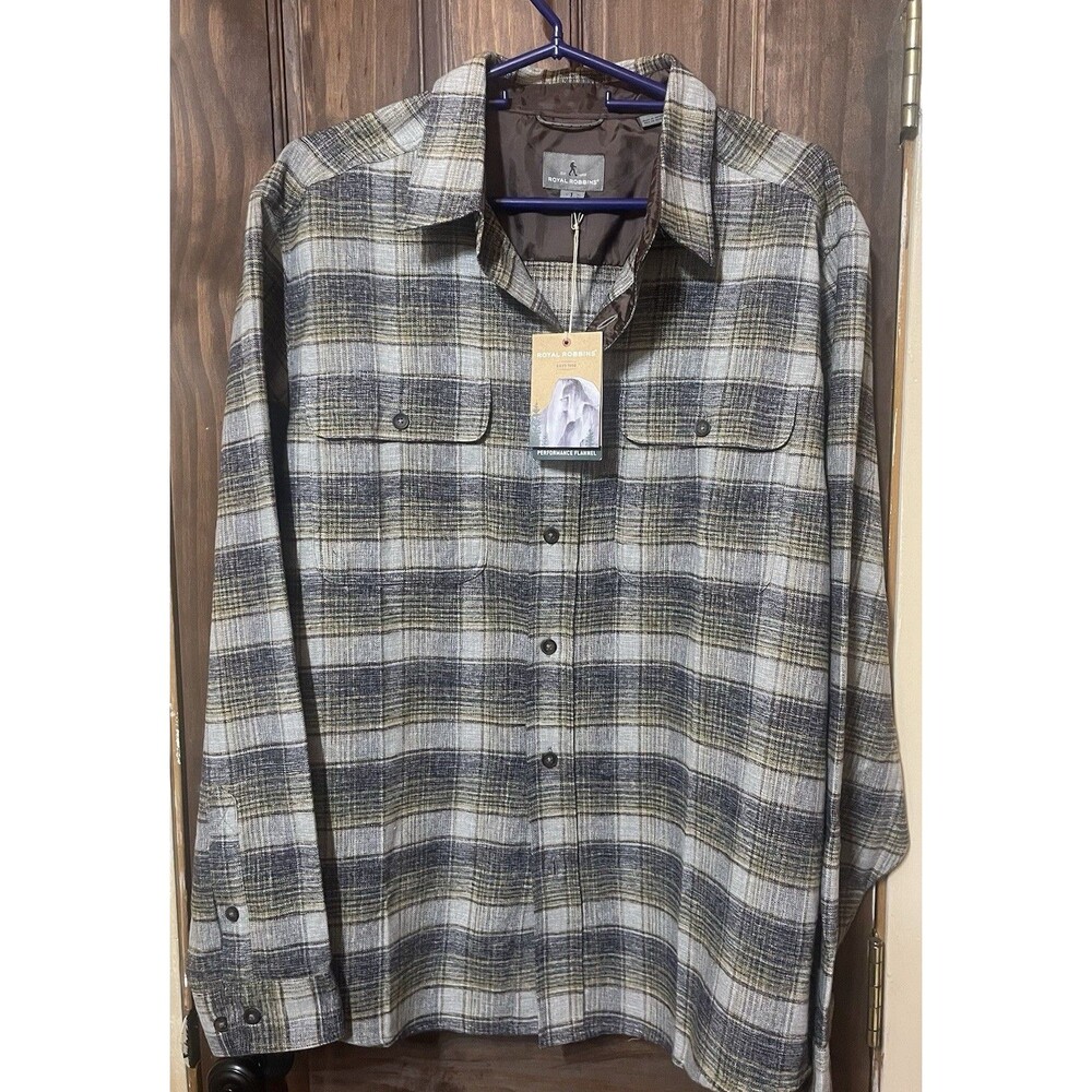 Royal Robbins Performance Plaid Flannel Shirt L Blue Stone Hiking Gorpcore NWT